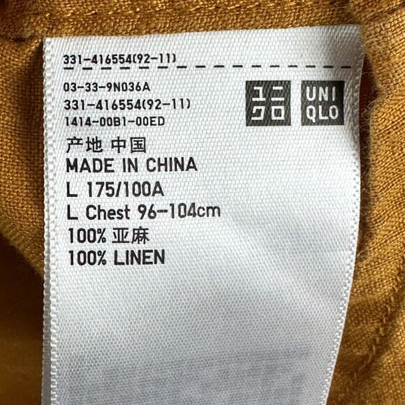 UNIQLO Linen Shirt Men L Yellow Breathable Lightweight Buttton Up Hipster Preppy - Picture 11 of 12